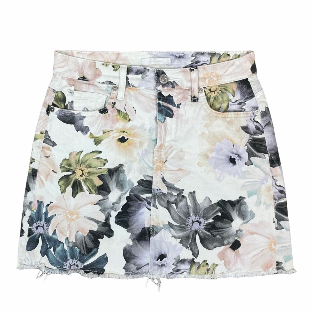 7 For All Mankind White Floral Denim Mini Skirt - Picture 2 of 8